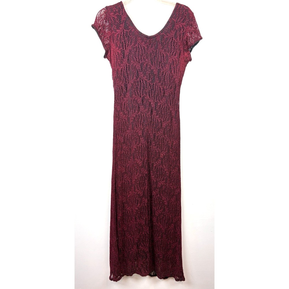 Vintage Midi Dress Womens 10 Petite Burgundy Lace Overlay Goth Vampire Dark